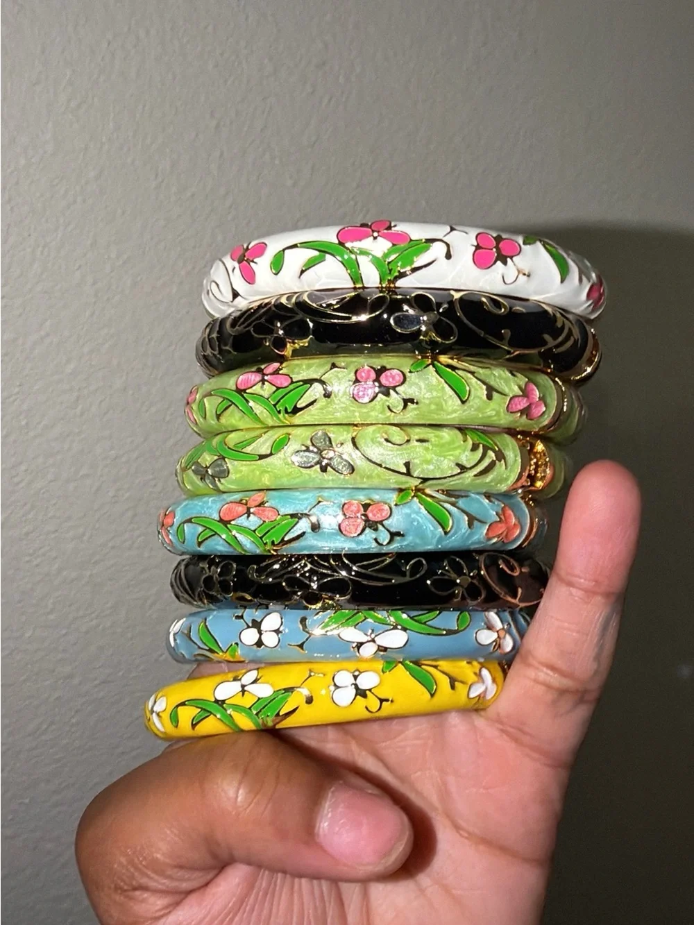 Floral Cloisonné Bangle Bracelet Stack – Multicolor